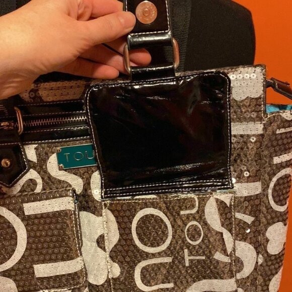 Tous Sequinned Purse Tote Brown Tan Turquoise Large Women’s Bag Pockets - Picture 4 of 9